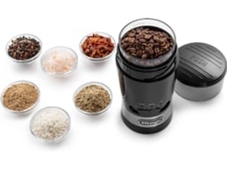 Moinho de Café DELONGHI KG210 (Capacidade: 90 g - 170 W) — Moinho de Café. 170W. Capacidade 90gr (até 12 chávenas). Seletor de moagem (3 níveis). Sistema "Push to grind" (iniciar moagem só com um toque). Escova de limpeza. Depósito de café removível.