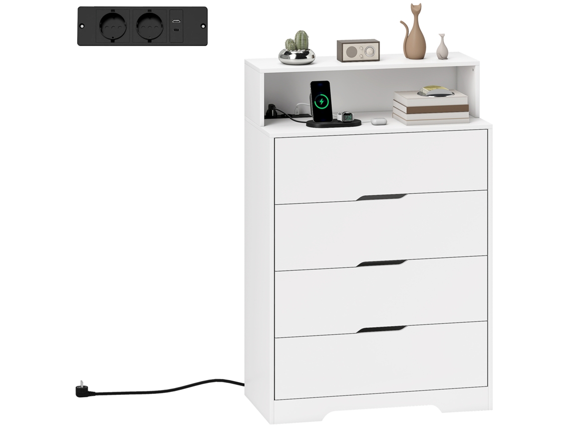 Cómoda 4 Gavetas Carregamento Usb Usb c Prateleira Escritório Branco