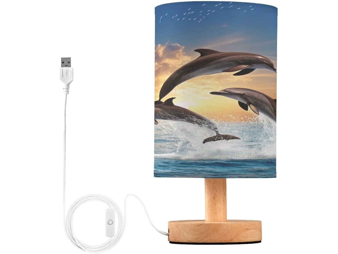 Abajur De Cabeceira Com Golfinho Saltando, Luminária De Cabeceira Led, Luminária De Leitura Com Portas Usb E Cúpula