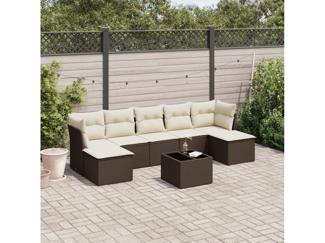 Vidaxl 8 Pcs Conjunto Sofás De Jardim C/ Almofadões Vime Pe Castanho
