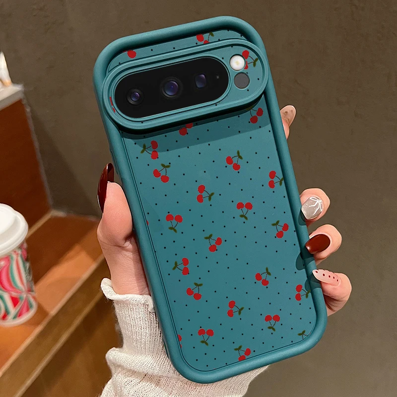 Capa De Tpu Azul Para Google Pixel 9 Com Estampa De Cereja Do Google, Capa Macia À Prova De Choque.
