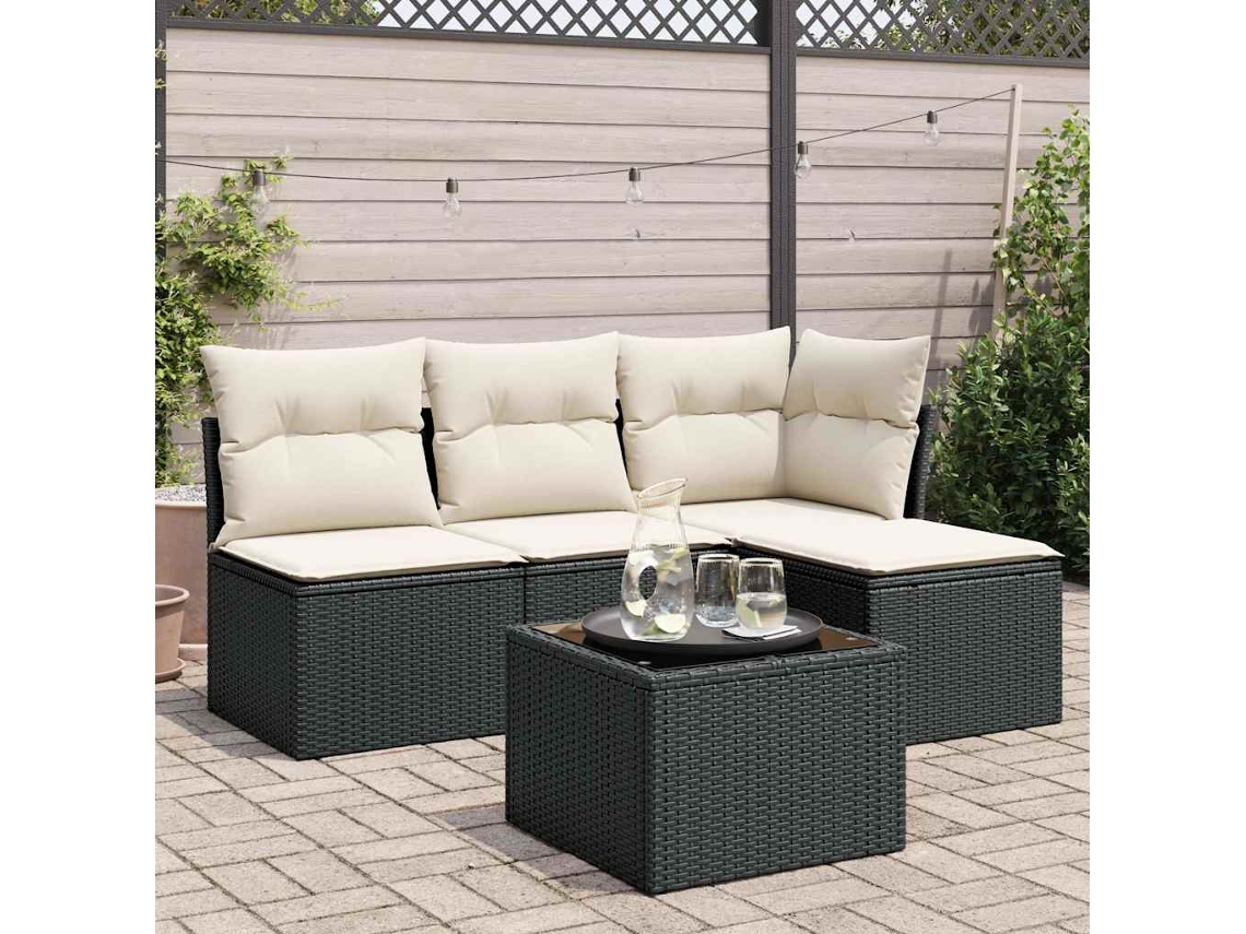 5 Pcs Conjunto Sofás De Jardim Com Almofadões Vime Pe Preto Dkd Home Decor