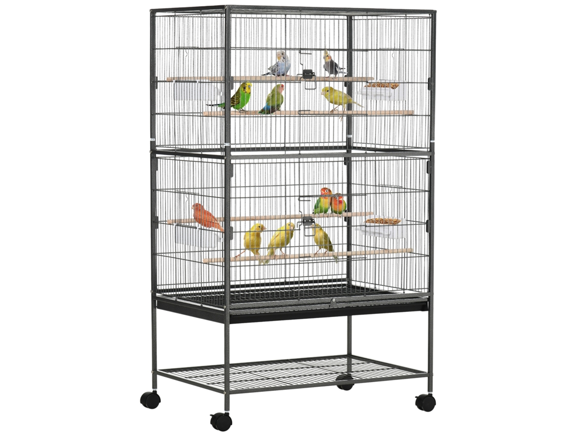 Gaiola Interna de Aço e Madeira com Bandeja Extraível, 4 Rodas, Poleiro e Recipiente de Comida, 78x52x132cm, Cinza Escuro