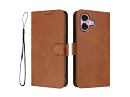 Capa Tipo Carteira Para Iphone 16 Com Bloqueio Rfid E Textura De Couro De Bezerro, Com Suporte E Alça, Marrom