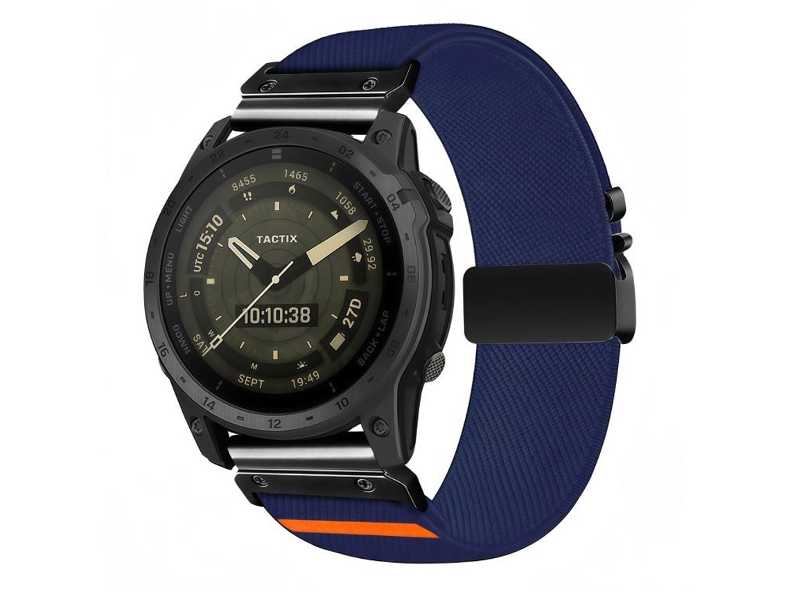 Bracelete para Garmin nylon elástico trama diagonal com fivela de paraquedas azul meia noite (22mm)