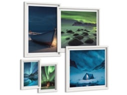 Pinturas Murais Modernas Paisagens De Inverno, Aurora Boreal Montanhas Moldura Branca Pinturas De Quarto Espelharte (conjunto De 5 Imagens)