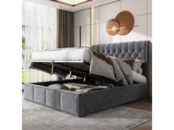 Cama Veludo Cinza 140x190 Cm, Baú Hidráulico, Detalhes Decorativos