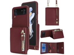 Capa Tkdaddy Para Samsung Galaxy Z Flip4 5g Com Suporte Para Cartão E Textura De Lichia, Capa De Telefone De Tpu Com Alça Longa, Vinho Tinto