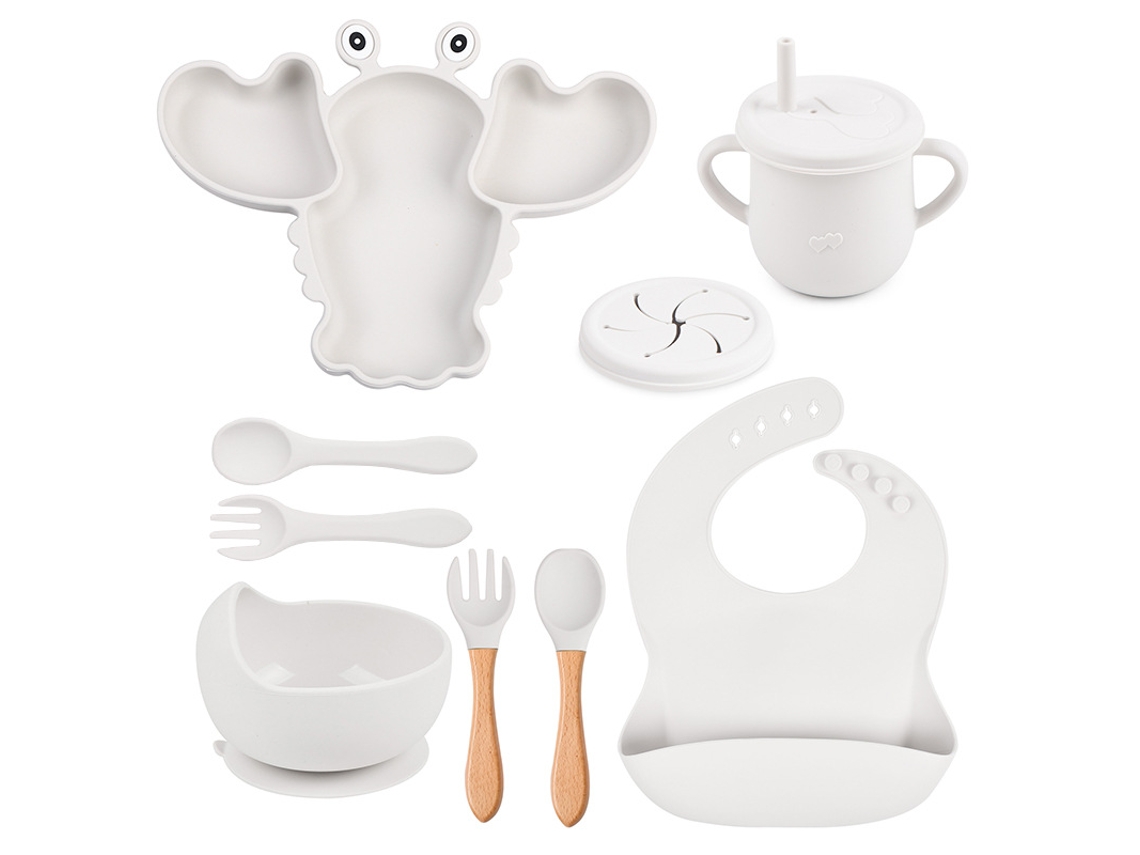 Kit de Alimentação para Bebé em Silicone Formato de Lagosta 8 Peças com Ventosas, Livre de Bpa Branco PANOONA