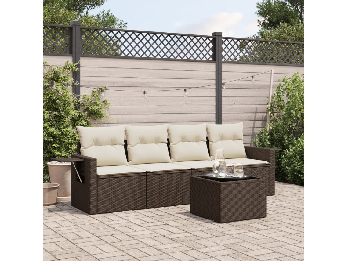 Vidaxl 5 Pcs Conjunto Sofás P/ Jardim C/ Almofadões Vime Pe Castanho