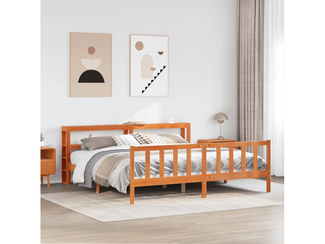 Cama De Casal | Camas Para Quarto | Estrutura Cama C/ Cabeceira 180x200cm Pinho Maciço Castanho-mel