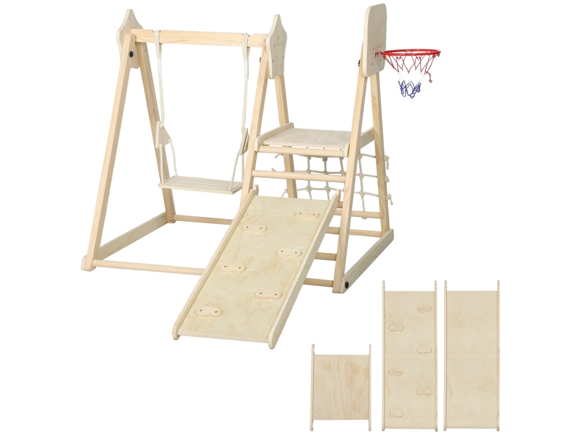 Escalador 5 em 1 Madeira Natural com Rampa, Balanço e Rede Cesto de Basquete Dobrável ZIWEI STORE