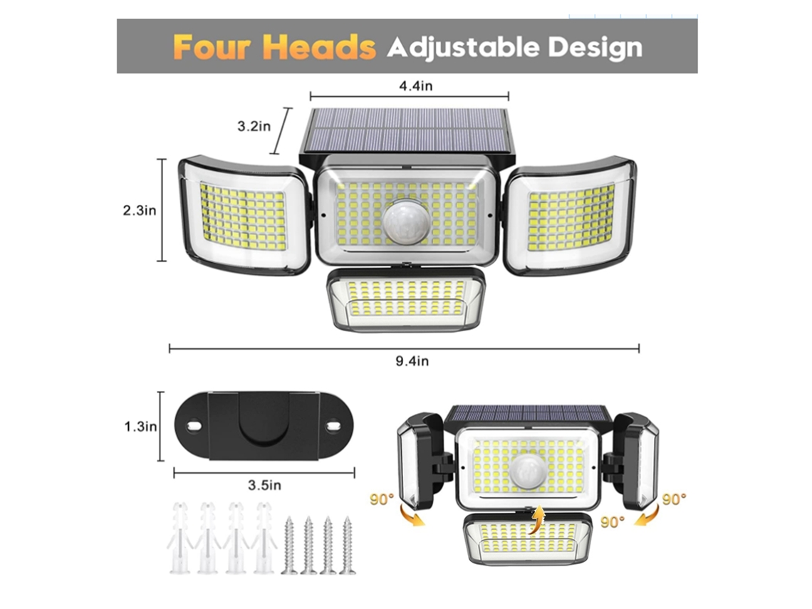 Luzes Solares Externas 288 LEDs com Sensor de Movimento 4 Cabeças IP65