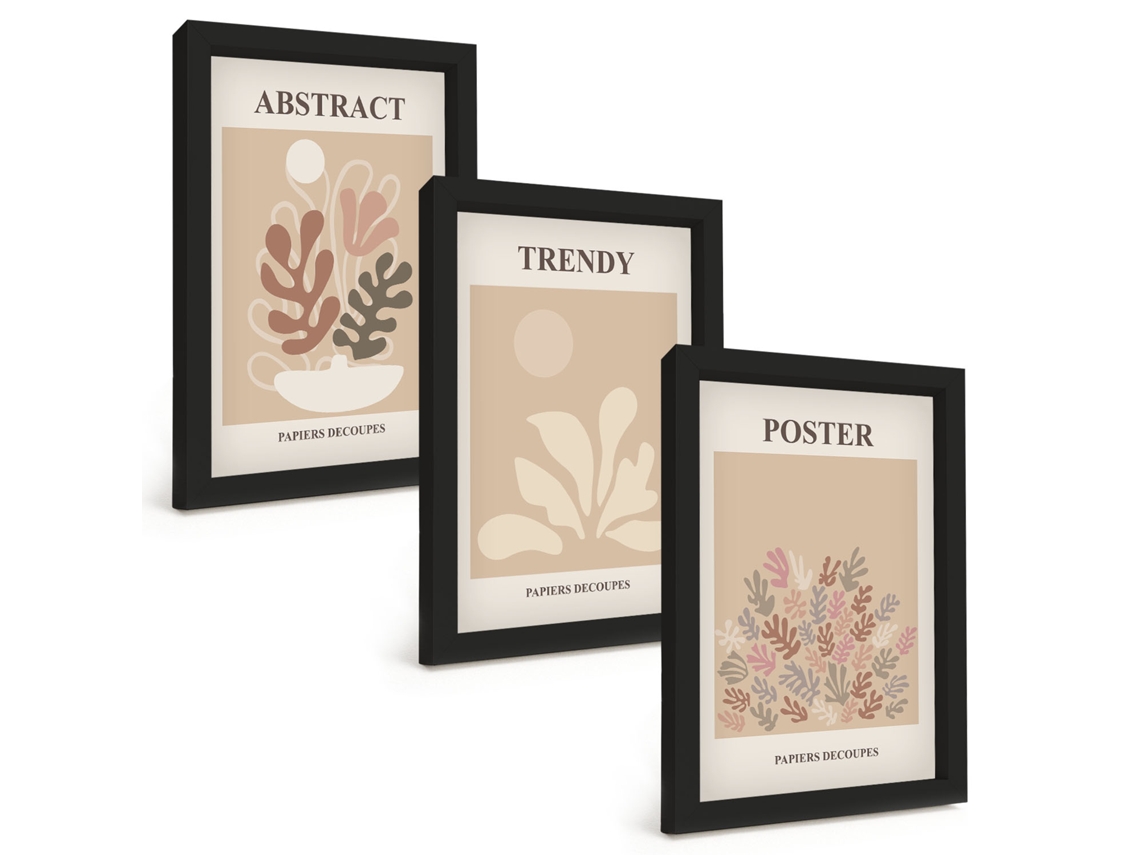 Um Conjunto De Imagens Decorativas Em Uma Molduramotivos De Plantas Em Bege E Marrom Moldura Preta Pinturas De Quarto Espelharte (3 Peças 20x30 Cm)