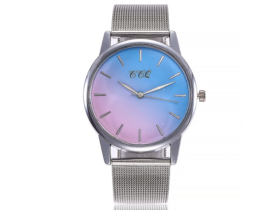 Relógio de casal estiloso com pulseira de malha, mostrador redondo CCQ, relógio casual de quartzo (azul e rosa)