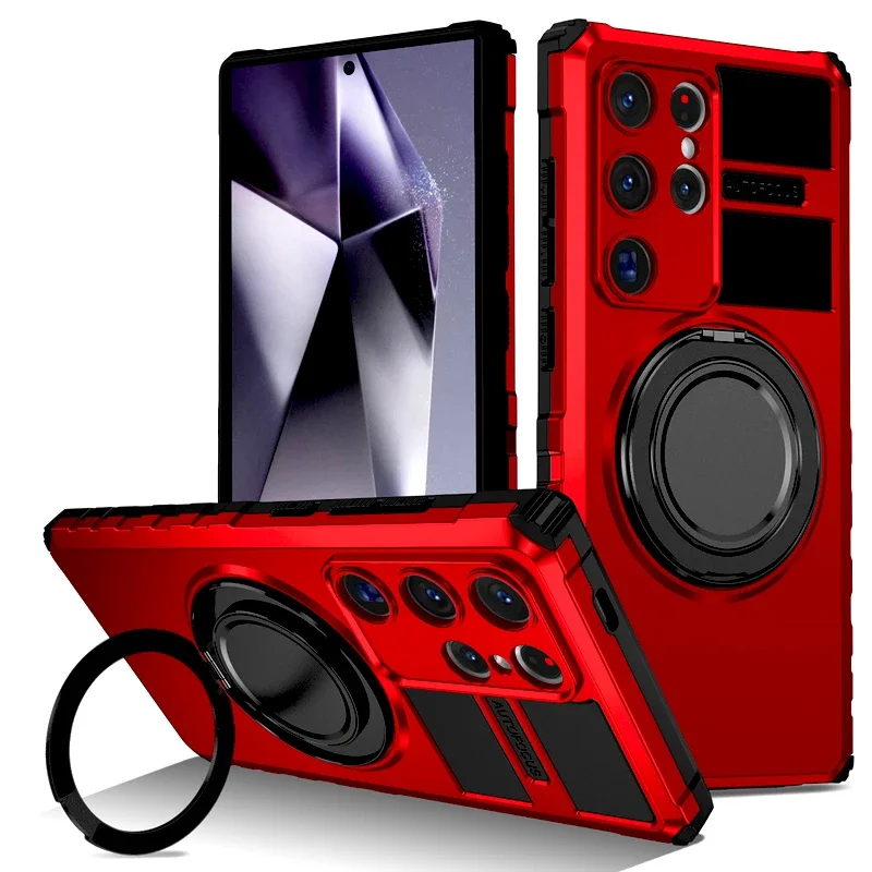(vermelho, Galaxy S24) Capa Protetora Elegante E Resistente A Impactos Para Samsung, Com Suporte Giratório Para Carregamento Magnético.