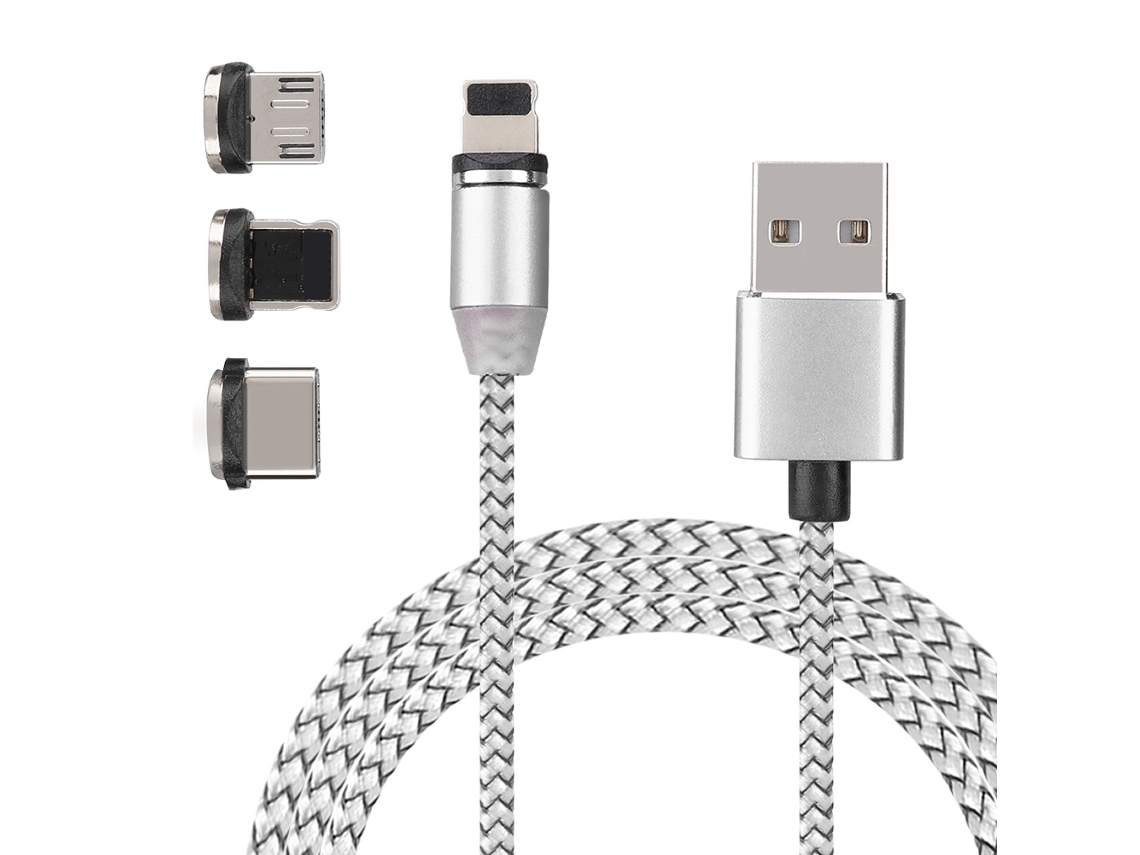 Cabo de Carregamento Magnético 3 em 1 para Ios Android Type c de Náilon 1m 2.4a Prata
