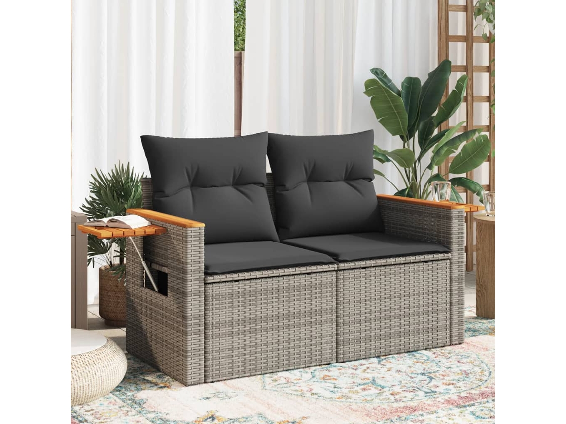 Vidaxl Sofá De Jardim De 2 Lugares Com Almofadões Vime Pe Cinzento