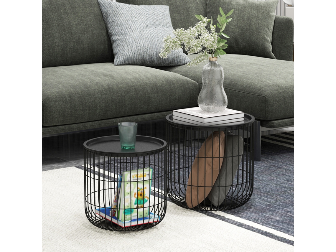 Conjunto De 2 Mesas Laterais Em Design Escandinavo,com Espaço De Armazenamento,empilháveis,cor Preta Mega Echo Trade Shop