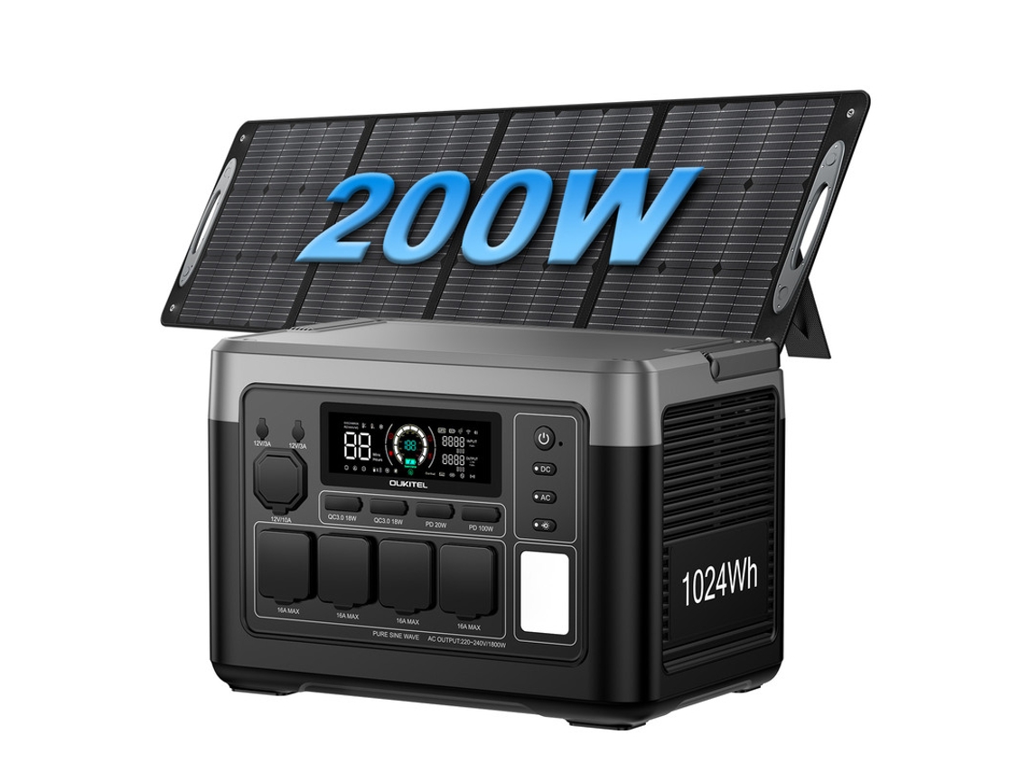 Gerador Solar Portátil OUKITEL P1000 Plus 1024wh Lifepo4, 1800w Ac, C/ Painel 200w, Carregamento Rápido e Controlo por App.