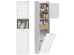Armário Alto Para Banheiro Com Cesto De Roupa Suja, Compartimentos Abertos E Prateleiras Ajustáveis, 40x30x170 Cm, Branco