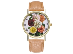 Relógio de Pulso Feminino Analógico de Quartzo com Pulseira Pu Padrão Floral Bege
