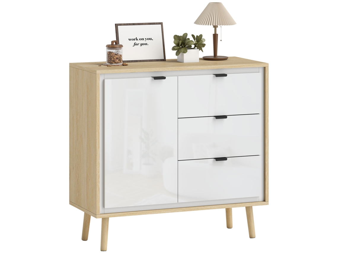 Aparador Melamina De Madeira E Mdf Cor Madeira E Branco 80x35x77 Cm Homcom
