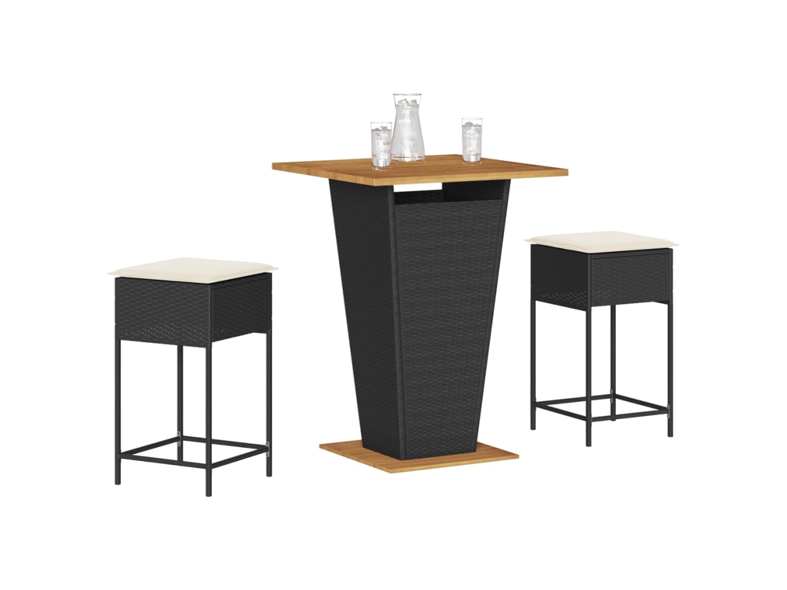 Vidaxl 3 Pcs Conjunto De Bar Para Jardim C/ Almofadões Vime Pe Preto