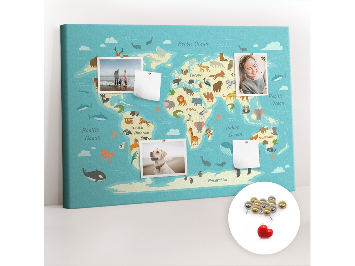 Quadro De Cortiça Mapa-múndi Com Animais Para A Sala De Estar Espelharte (70x100 Cm)