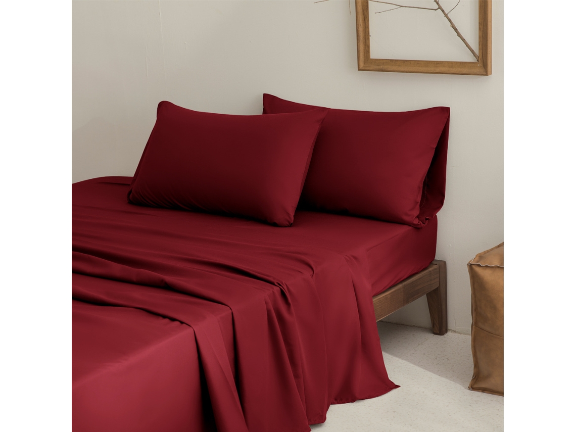 Conjunto Lençóis 4 Peças Lençol De Baixo 213x182*26cm Lençol De Cima 259*274cm 2 Fronhas 101x50cm Microfibra Bordô Hexinyigjly