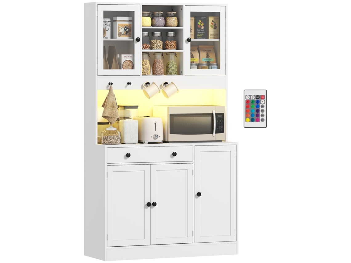 Armário De Armazenamento Com Iluminação Led, Portas De Vidro, Gaveta E Controle Remoto, Branco