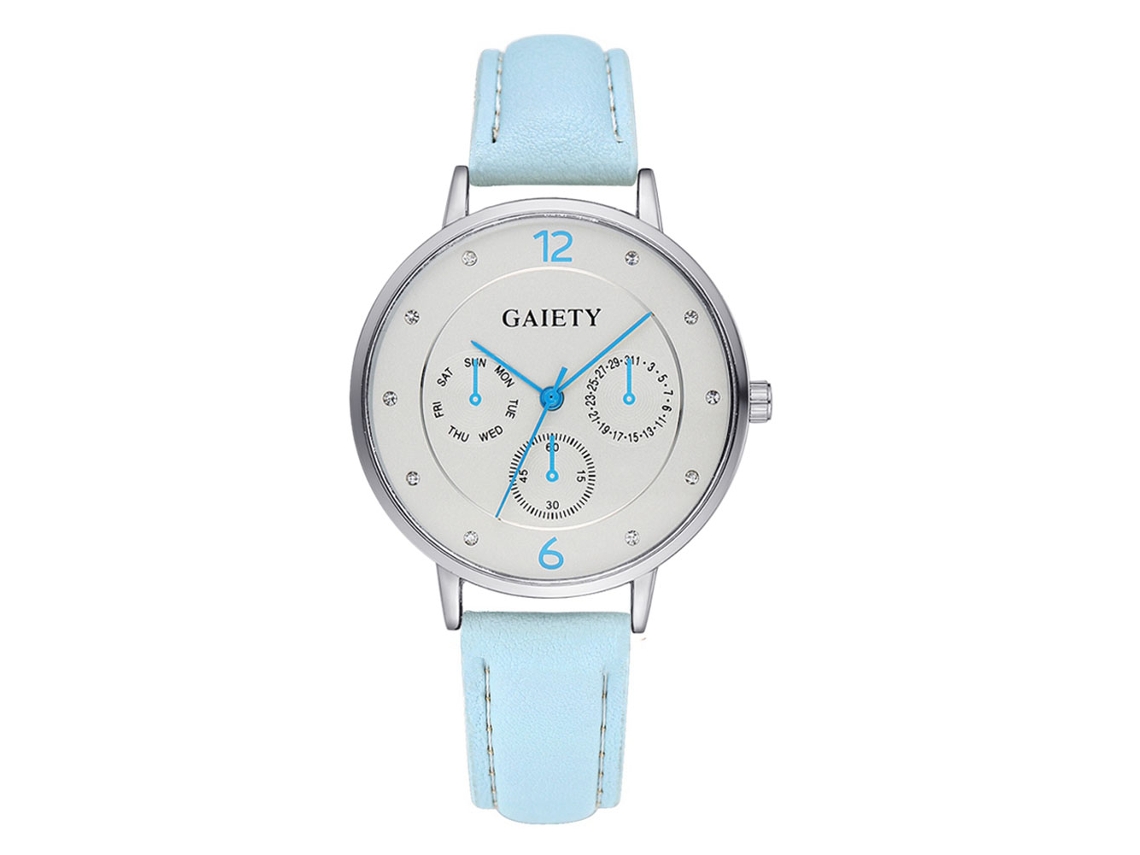 Reloj De Pulsera Analógico De Cuarzo Con Correa Pu, Tres Subdiales Y Manos Fluorescentes Azul Cielo