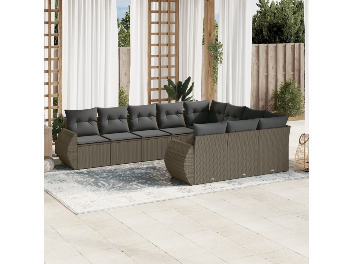 Vidaxl 10 Pcs Conj. Sofás Jardim Com Almofadões Vime Pe Cinzento-claro