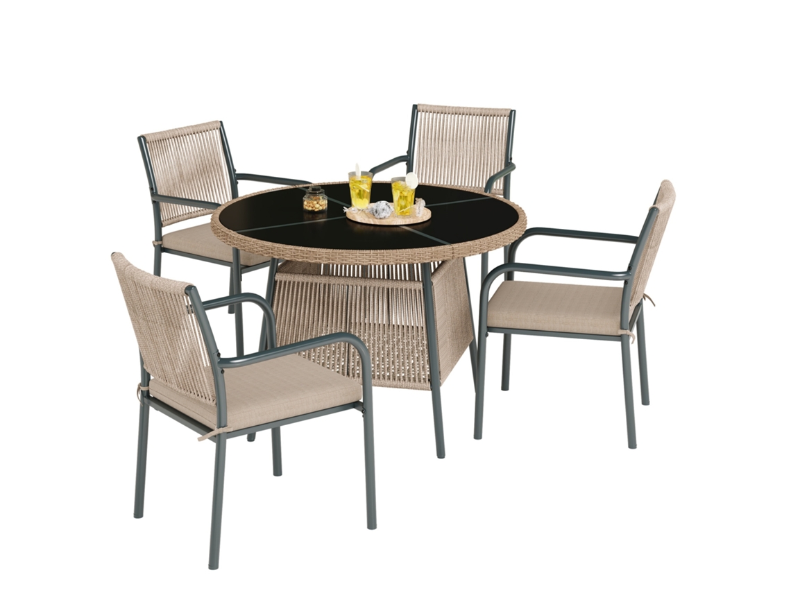 Conjunto Rattan Mesa Vidro 4 Cadeiras Ferro Jardim VELTRIX