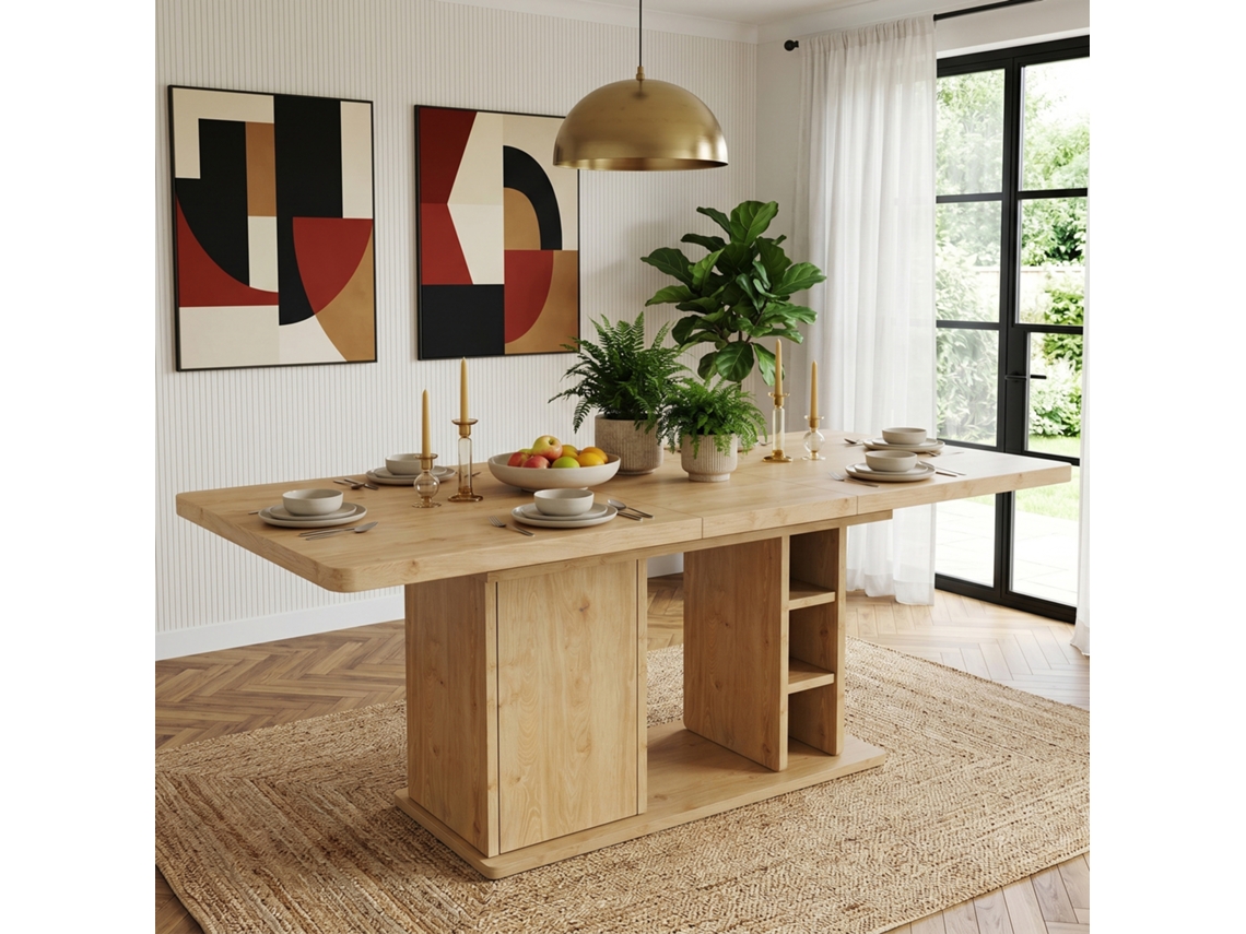 Mesa Extensível 140/180×80cm Com Arrumação Tampo Espesso Estilo Escandinavo Tom Carvalho 6-8 Pessoas