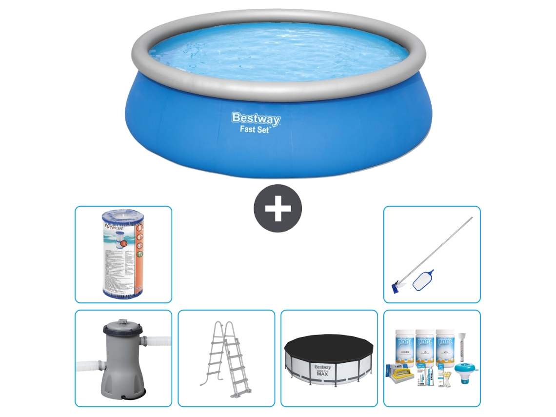 Piscina Inflável Redonda BESTWAY Fast Set 457 X 122 Cm Azul Inclui Bomba Escada Cobrir Pacote de Manutenção Filtro Kit de Limpeza