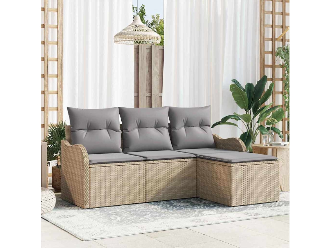 Vidaxl Conjunto de Sofá de Jardim com Armazenamento 4 Pcs Bege Vime Pe