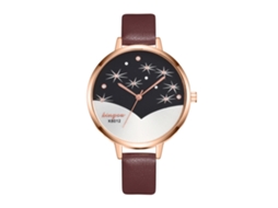 Relógio de Pulso Feminino de Quartzo com Pulseira de Couro Pu Estilo Simples Dial Redondo Café