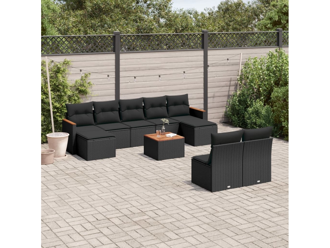 10 Pcs Conjunto Sofás De Jardim C/ Almofadões Vime Pe Preto Dkd Home Decor