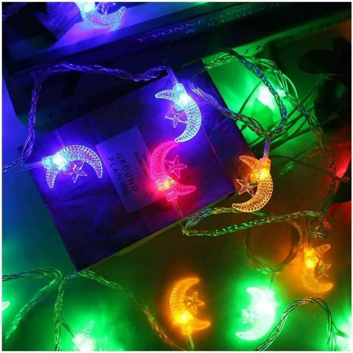 (4,5 M Rgb) Mini Luzes De Cordão Em Formato De Lua E Estrela, Decoração Para Festas
