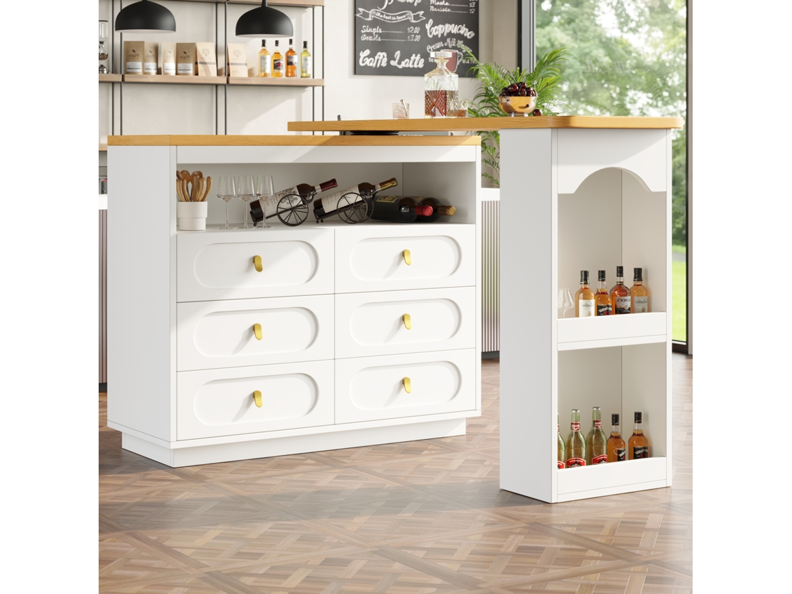 Mesa de bar moderna extensível com rotação de 360° e gavetas ajustáveis de 138 a 203 cm para cozinhas e salas de estar.