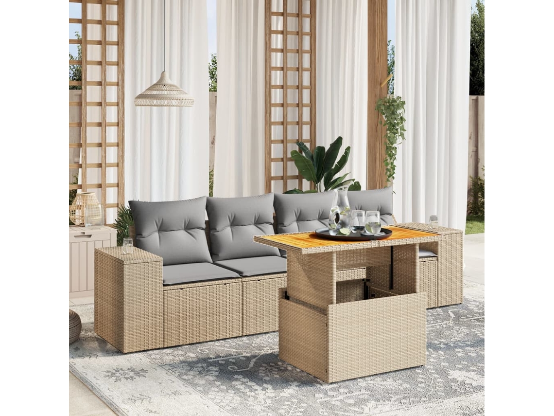 Vidaxl 5 Pcs Conjunto De Sofás P/ Jardim Com Almofadões Vime Pe Bege