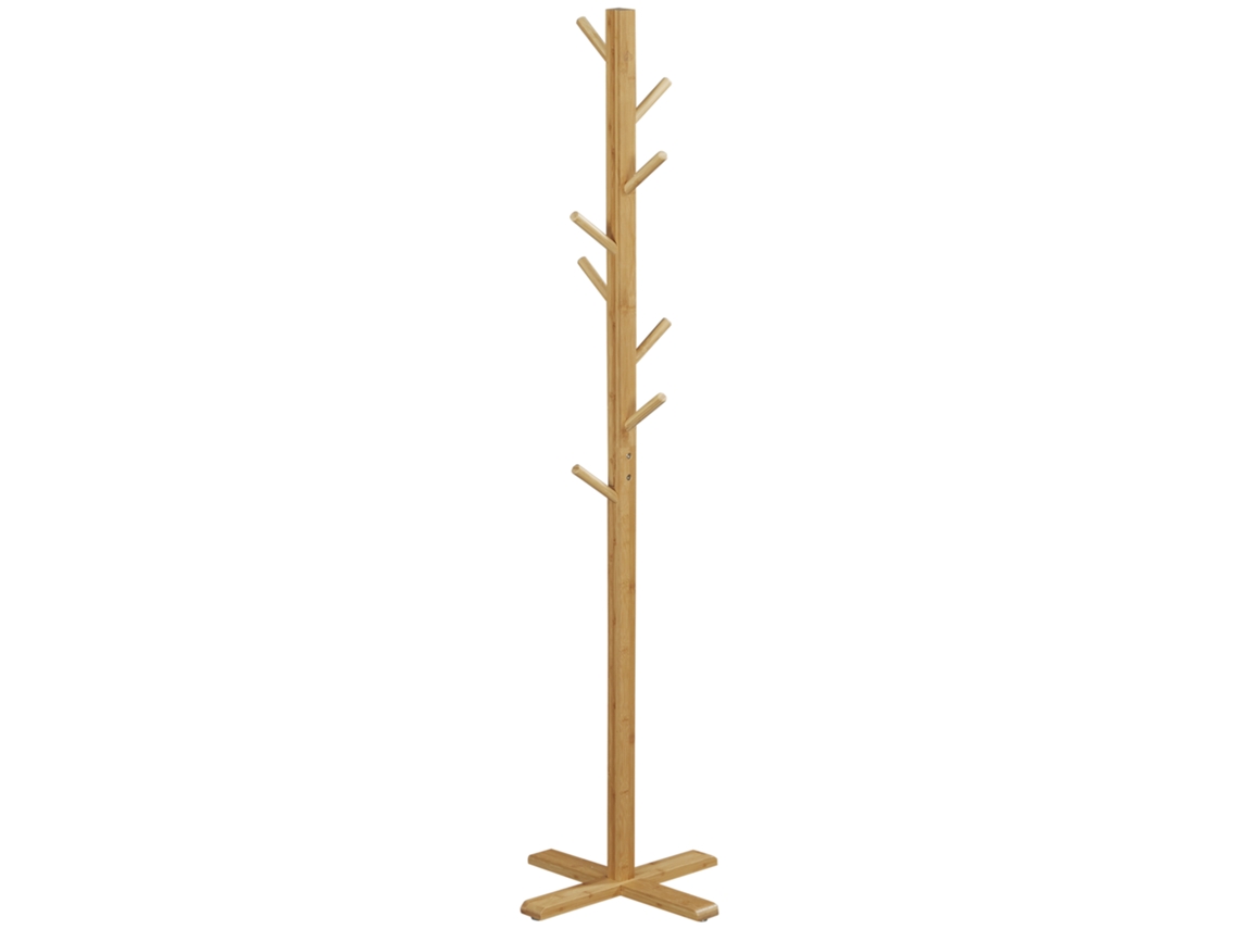 Cabide de Pé em Bambu 49,5x49,5x178cm com 8 Ganchos para Bolsas e Chapéus Corredor Quarto Madeira Natural