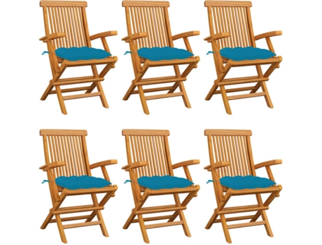 Cadeiras de jardim c/ almofadões azuis-claros 6 pcs teca maciça