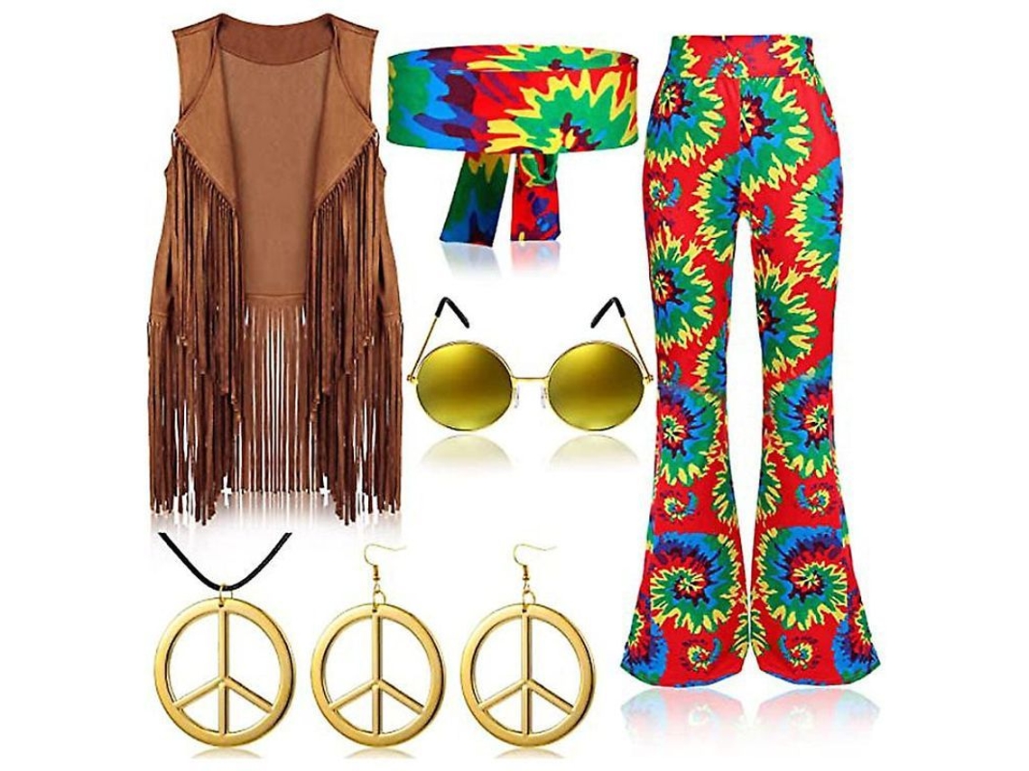 Fasst traje Hippie Anos 70 com Chaleco de Borlas, Calças e Bufanda | S/MARCA