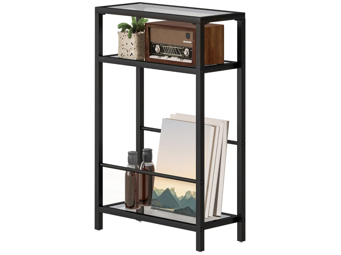 Mesa Lateral 3 Níveis Vidro Aço Preta Elegante VOLTEDGE