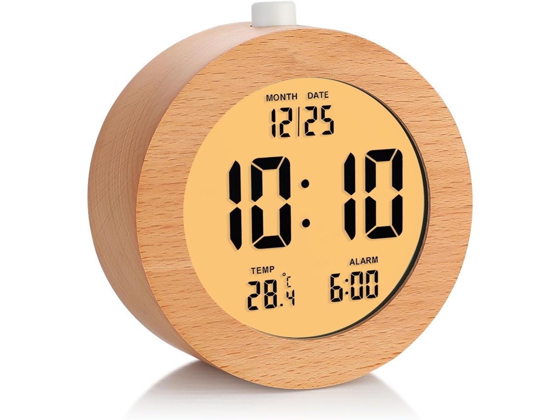 Despertador Digital de Madeira JYTGALX, 4 polegadas, bateria, soneca, marrom