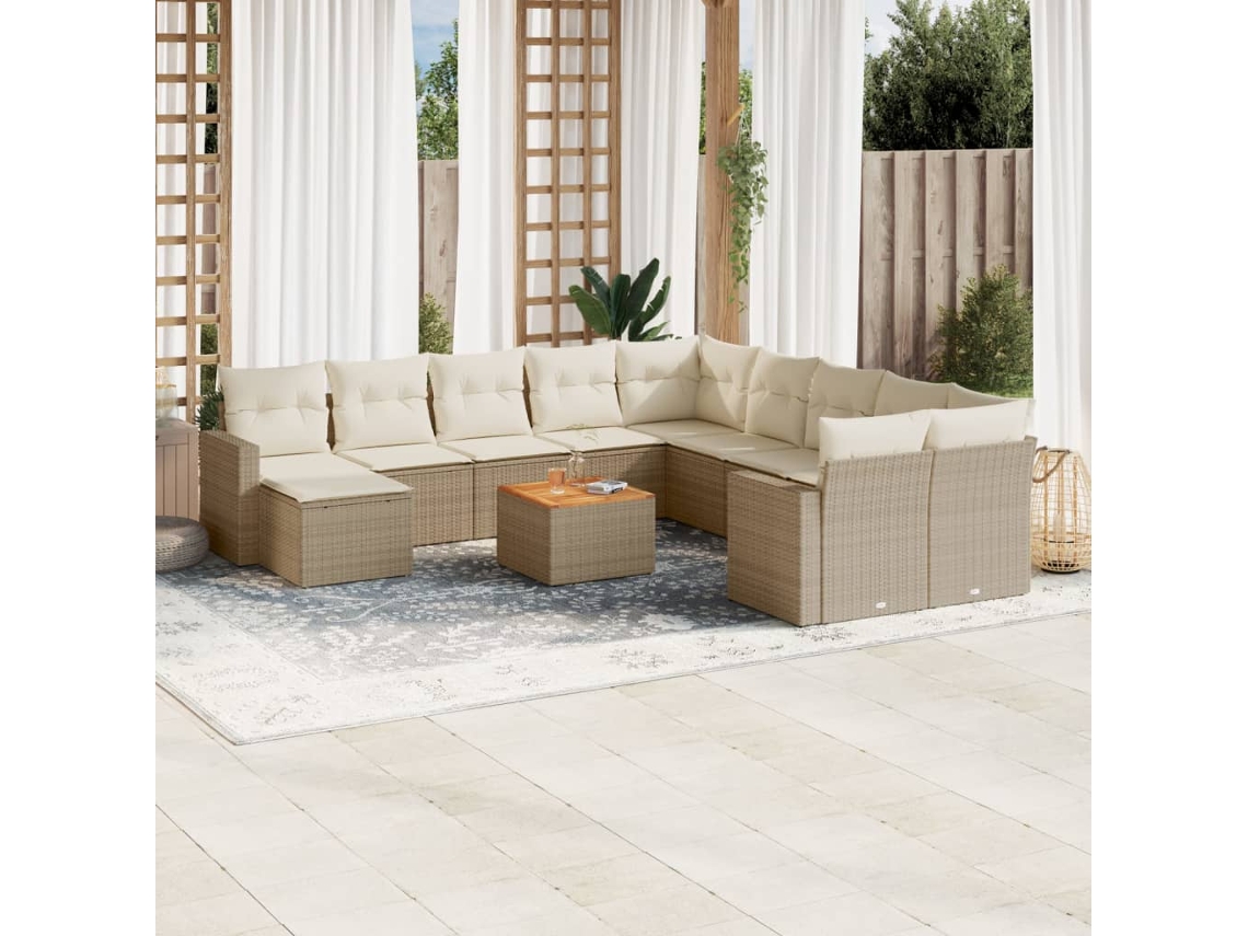 Vidaxl 12 Pcs Conjunto De Sofás P/ Jardim Com Almofadões Vime Pe Bege