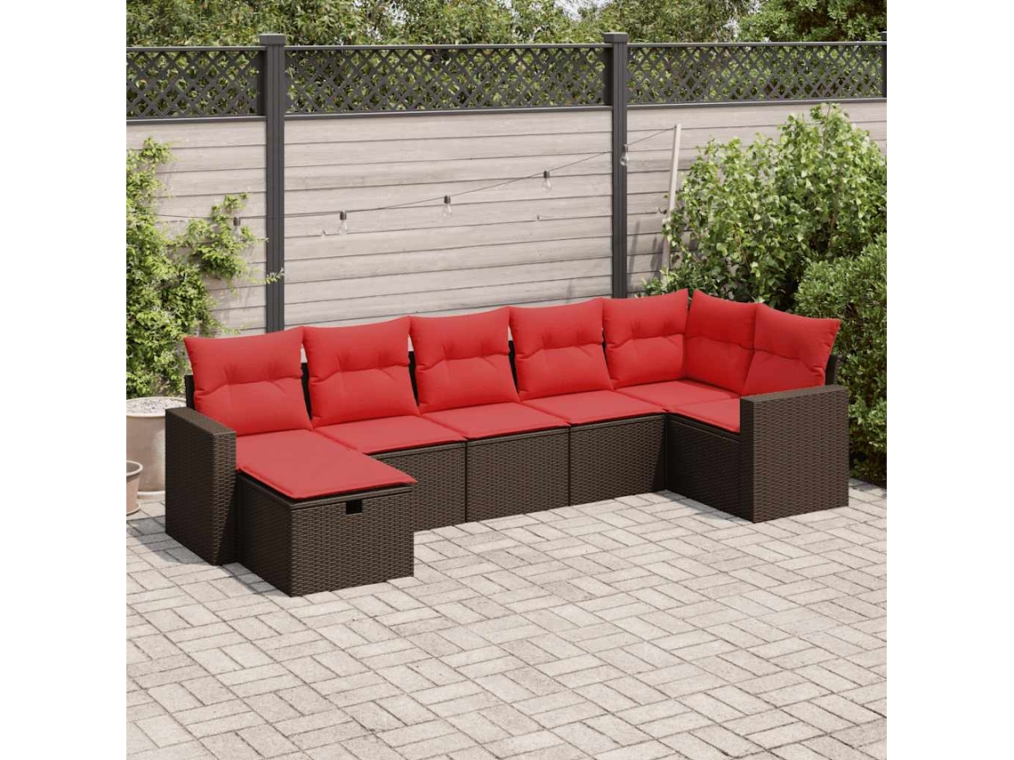 Vidaxl 7 Pcs Conjunto De Sofás Jardim C/ Almofadões Vime Pe Castanho