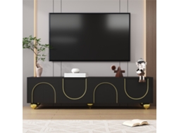Armário De Tv, Placa Baixa Com Portas Texturizadas, Acabamento Dourado, Pernas Arredondadas Douradas, Prateleiras Incluídas, Push-to-abrir-zz
